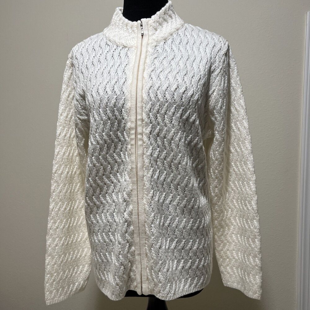 VTG Karen Scott Cardigan L Cable Knit Sweater Zip Ivory Round Neck Hong Kong